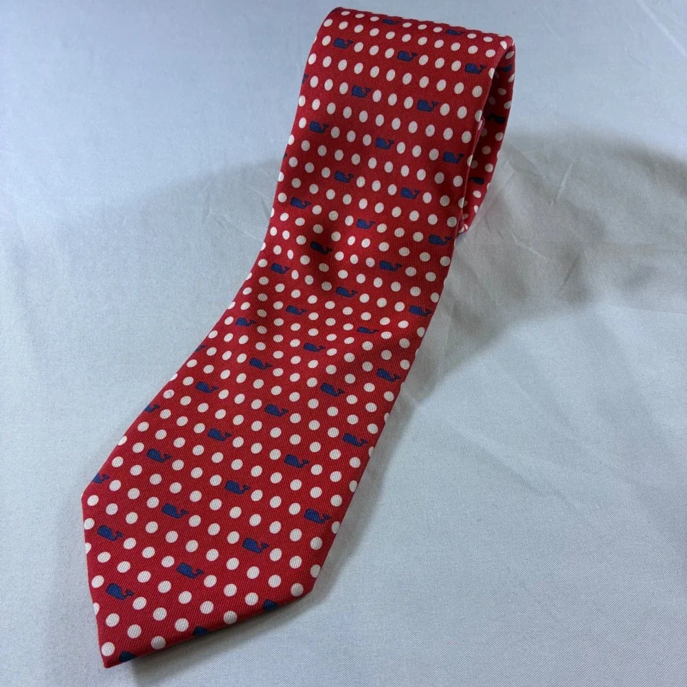 Vineyard Vines Mens Red Polka Dot Whale Silk Tie Preppy Nautical Necktie